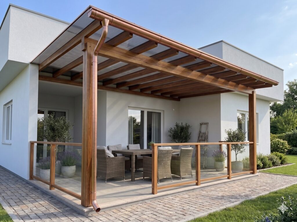 Uma moderna cobertura de policarbonato alveolar instalada sobre uma estrutura de madeira tratada, em uma área de lazer residencial. A foto mostra o pergolado de madeira com proteção contra chuva e sol, um jogo de jantar externo sob a cobertura, calhas de cobre integradas e um guarda-corpo de vidro com madeira.